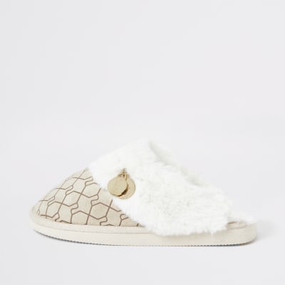 Crèmekleurige instap muiltjes met RI-monogram