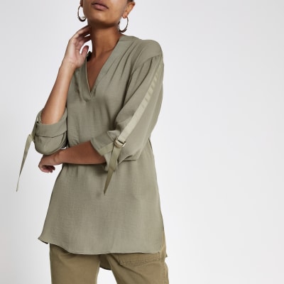 Kaki oversized overhemd met omgeslagen mouwen