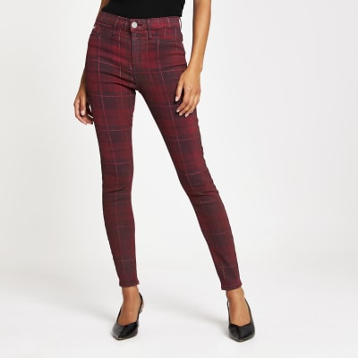 Red tartan coated Molly mid rise jegging