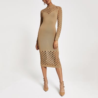 Beige gebreide bodyconjurk met mesh en lange mouwen