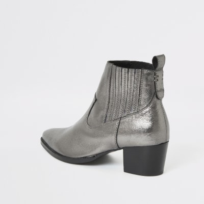 Silver metallic leather western ankle boots