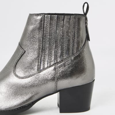Silver metallic leather western ankle boots