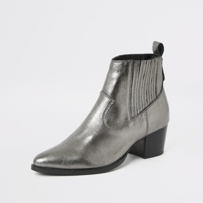 Silver metallic leather western ankle boots