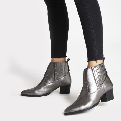 Silver metallic leather western ankle boots