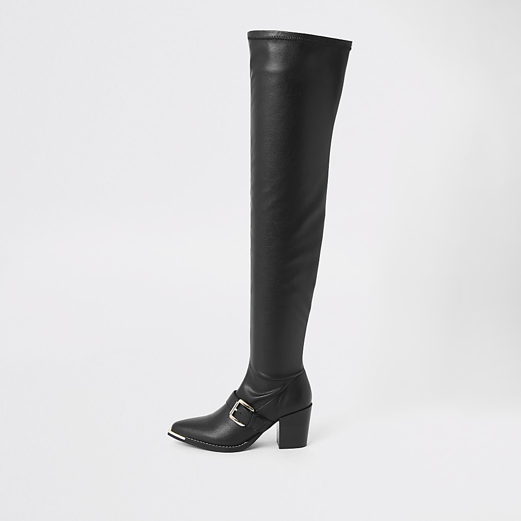 Black faux leather over the knee boots Details about braune Overkneestiefel mit Plateau