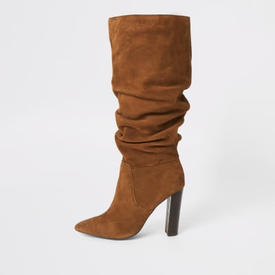 Dark orange suede heeled slouch boots