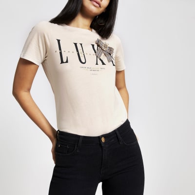 Beige T-shirt met strik en print