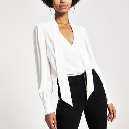 White tie neck long sleeve blouse