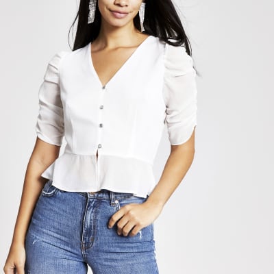 White puff sleeve tea top