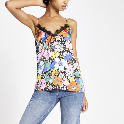 Schwarzes, geblümtes Trägertop