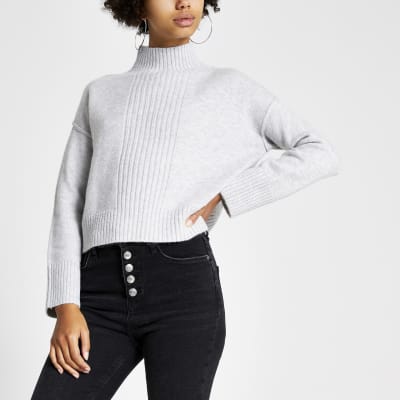 Grijze hoogsluitende gebreide cropped pullover