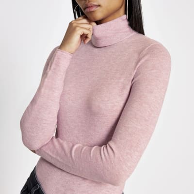 Langärmeliges Strickoberteil in Rosa mit Rollkragen