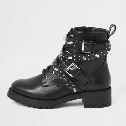 Black studded buckle lace-up boots