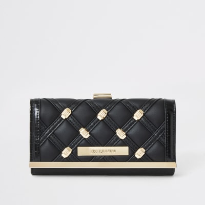 Zwarte gestikte portemonnee met cliptop en studs