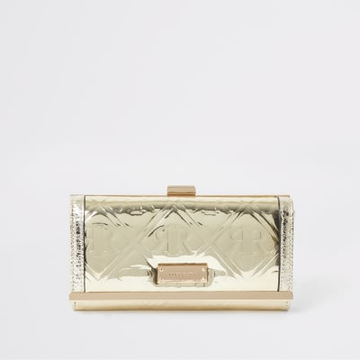 Goud metallic portemonnee met RI-logo in reliëf en druksluiting