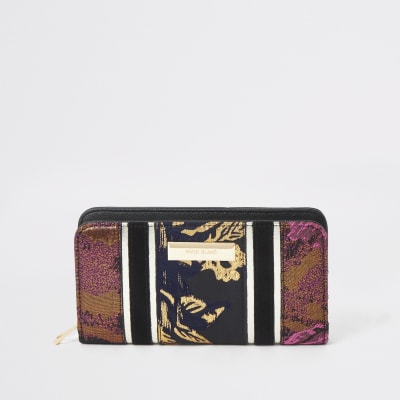 Zwarte portemonnee met rits rondom en jacquardprint