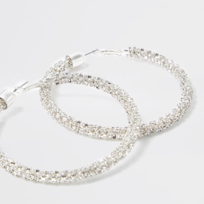 Silver colour diamante hoop earrings