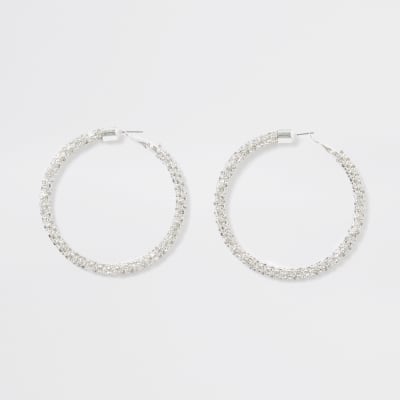 Silver colour diamante hoop earrings