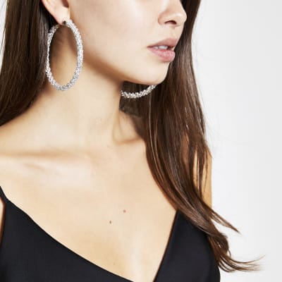 Silver colour diamante hoop earrings