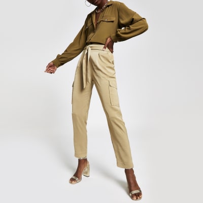 Beige satijnen utility-broek
