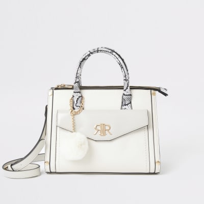 Cream snake print front pocket tote bag