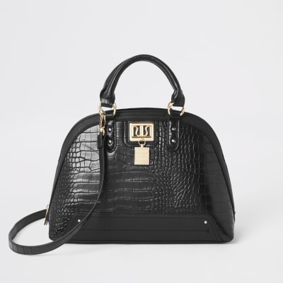 Zwarte crossbodytas met krokodillenprint in reliëf