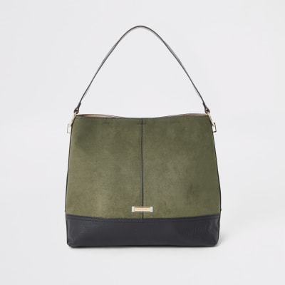 Khaki contrast faux suede slouch bag