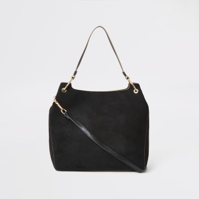 Black croc embossed zip front slouch bag
