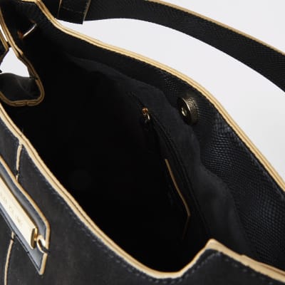 Black croc embossed zip front slouch bag