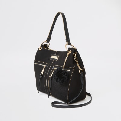 Black croc embossed zip front slouch bag