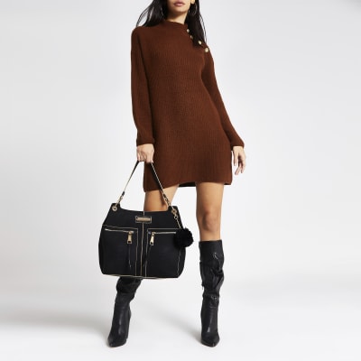 Black croc embossed zip front slouch bag