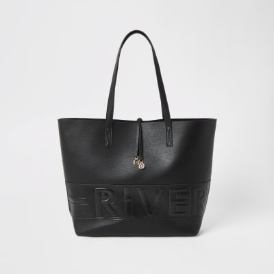 Black 'River' embossed shopper bag | River Island