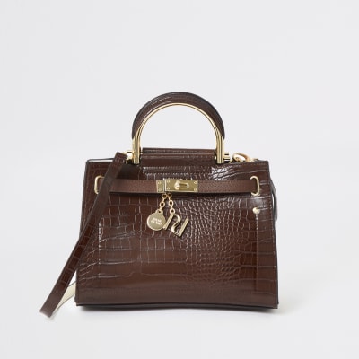Brown croc embossed strap tote bag