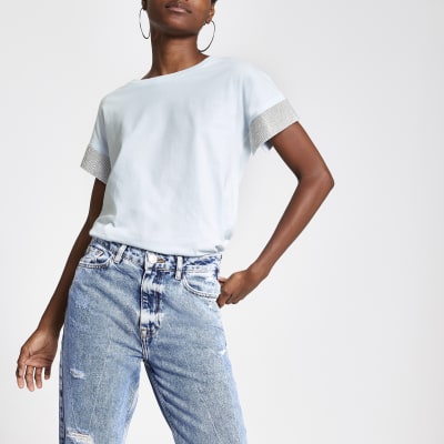 Blauw T-shirt met korte mouwen met sierrand