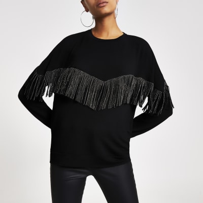 Zwart sweatshirt met stras en franjes