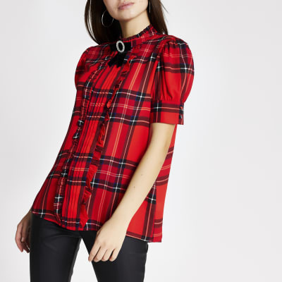 Red check frill embellished collar blouse