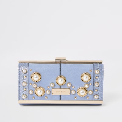 Lichtblauw parel verfraaide portemonnee met cliptop