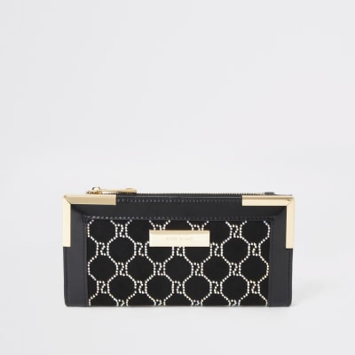 Zwarte verfraaide uitvouwbare portemonnee met metalen hoeken