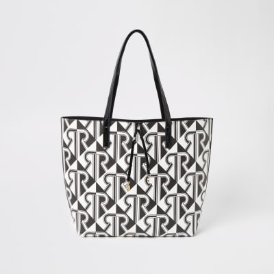 Zwart-witte shopper-handtas met RI-monogram