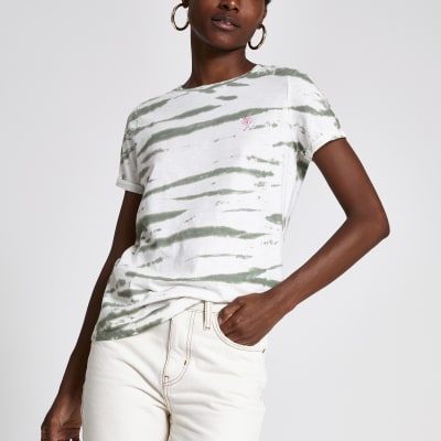 Groen tie-dye T-shirt met print en omgeslagen mouwen