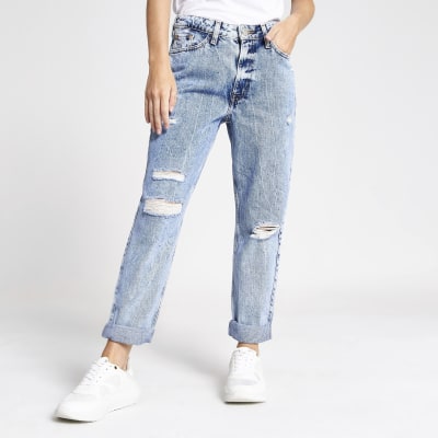 Petite – Mom-Jeans mit Acid-Waschung und Used-Look