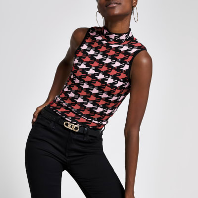 Roze-rode tanktop met pied-de-poule-print