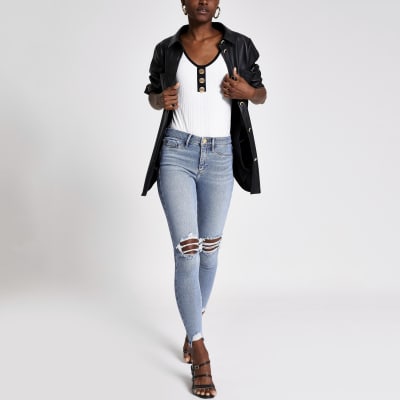 Molly - Denim ripped legging met halfhoge taille