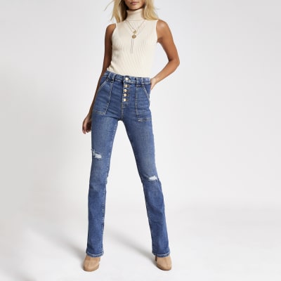 Blauwe ripped denim utility bootcut jeans