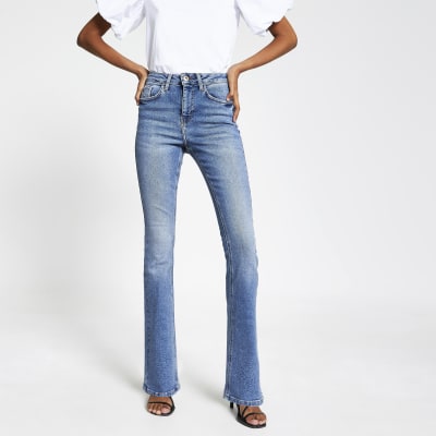 Blaue Bootcut-Jeans mit hohem Bund und ausgestelltem Hosenbein