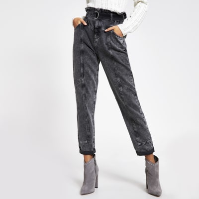 Grijze acid wash utility-jeans met geplooide taille