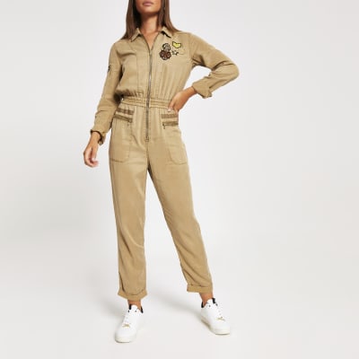 Kaki verfraaide boiler jumpsuit met embleem