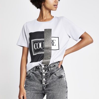 Grey 'Couture' diamante boyfriend T-shirt