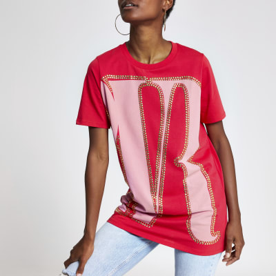 Red print oversized studded T-shirt