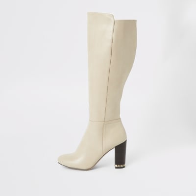 Beige over-de-knie-laarzen met blokhak